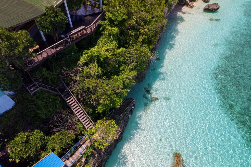Aerial view of luxury tropical resort with crystal clear waters